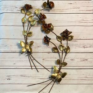 2 Vintage Homco Gold Tone Metal Rose and Leaf Wall Hanging Spray
